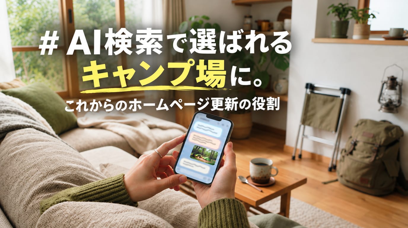 AI検索で選ばれるキャンプ場に。これからのホームページ更新の役割(自宅のソファでスマホのAIにキャンプ場のことを質問している様子)